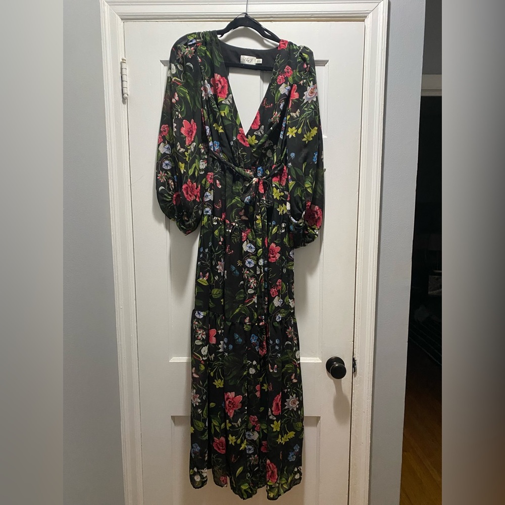 Black, floral Eliza J surplice blackness maxi dress